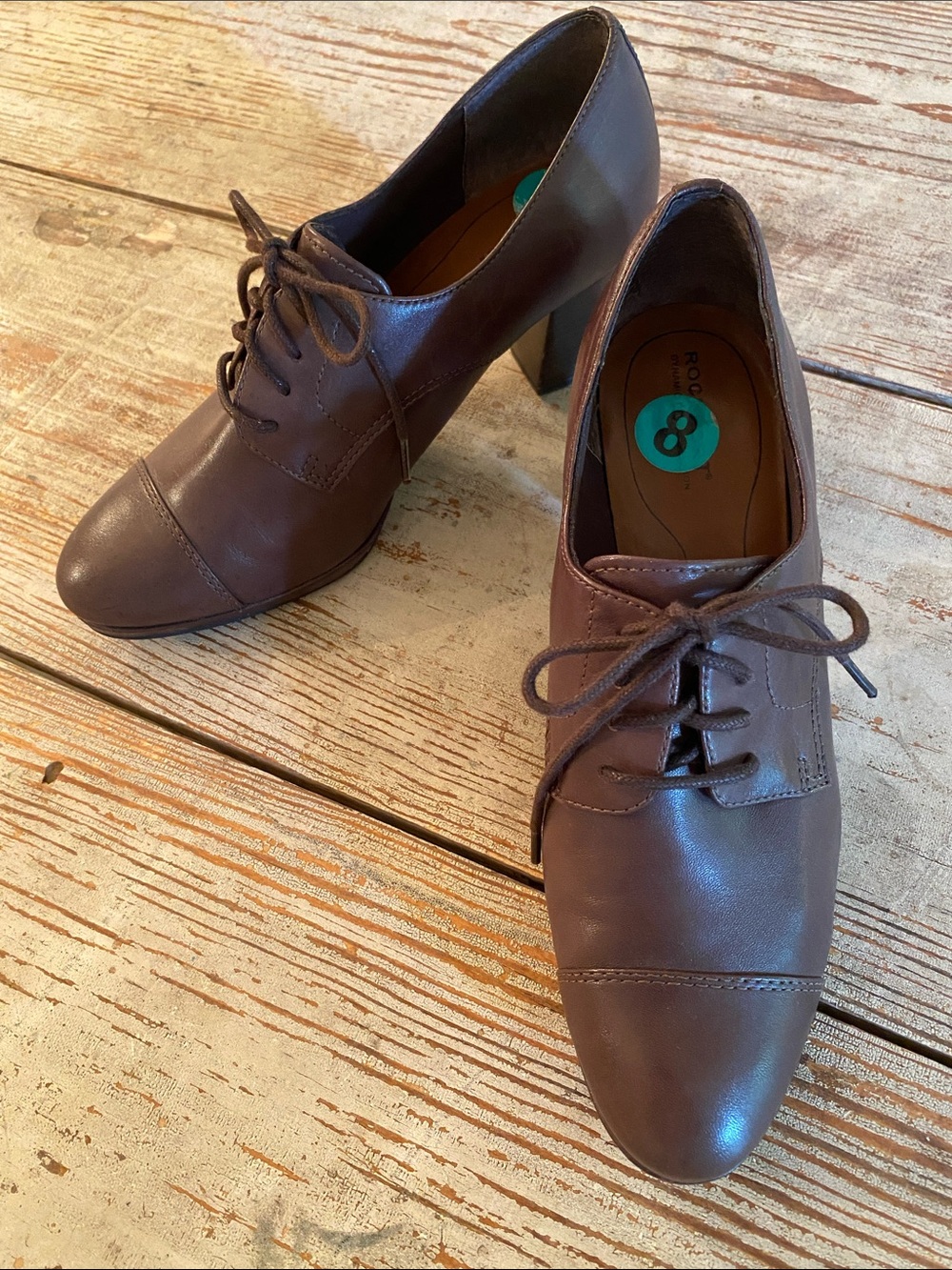 Rockport Women's Leather Brown Lace-Up Block Heel Oxfords